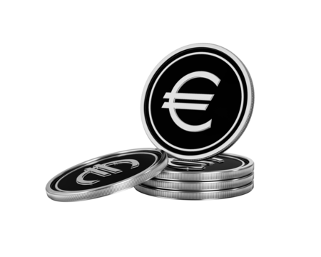Sleek silver Euro coins stacked on a black background, symbolizing finance.