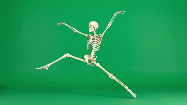 A skeleton with arms raised and legs spread wide stands against a green background in a studio halloween skelton green screen video