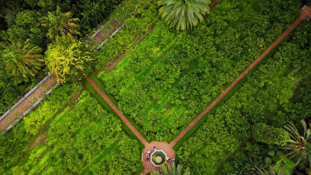 Drone video shows a lush public garden in Spain, with structured greenery, a pool, and architectural elements surrounded by orchards and scenic landscapes.