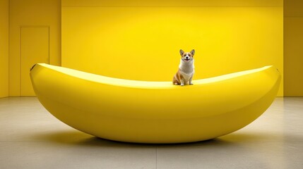A corgi sits happily atop an oversized banana sculpture in front of a bright yellow wall. Minimalist