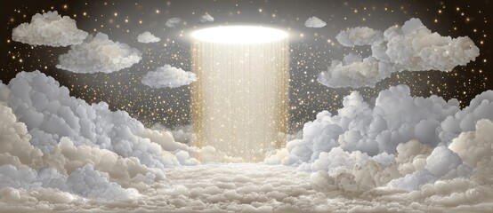 An illustration of clouds and starlight with a beam of light shining through