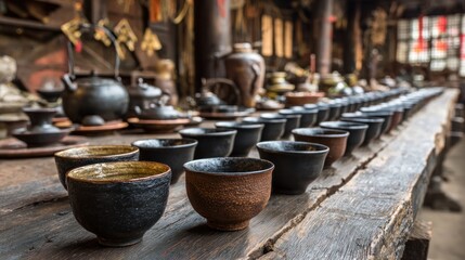 Rows of small ceramic tea cups on aged wooden table, with teapots and ornate items blurred in the background