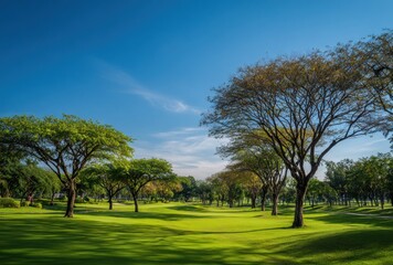 Obraz premium Lush green grassy field with trees under a bright blue sky creates a serene scene, evokes peace and tranquility
