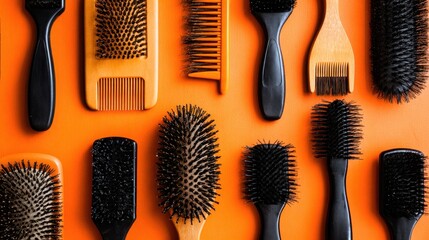 Arrangement of various hairbrushes and combs with wooden handles on a vibrant orange background, top-down perspective