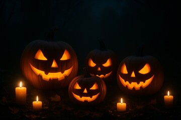 Obraz premium Halloween pumpkins with candles at night, spooky atmosphere 