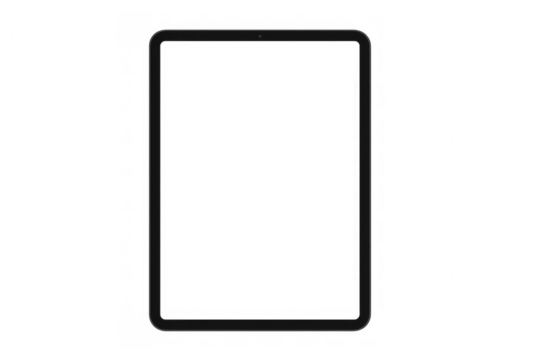 Black tablet computer with blank white screen on transparent background