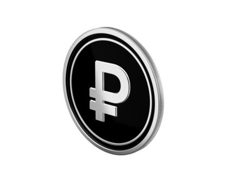 3D silver Russian Ruble coin on black, representing finance economy.