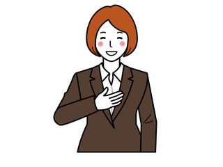 茶色のスーツ。お任せくださいと胸に手を当てる女性