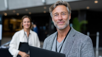 Fototapeta premium A smiling professional stands confidently in front of a female colleague, indicating collaboration and positive networking at a business event.