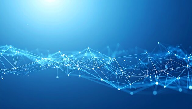 Abstract, stylized digital network representation with interconnected nodes. Soft focus, ethereal blue background with glowing highlights. Visualizes a complex web of connections,  - Powered by Adobe