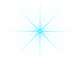 Obraz premium Light blue 16-point sparkle light burst effect isolated on transparent background – Bright glowing starburst flare, Radiant soft blue shine, Symmetrical light rays, Sparkle explosion, Lens flare