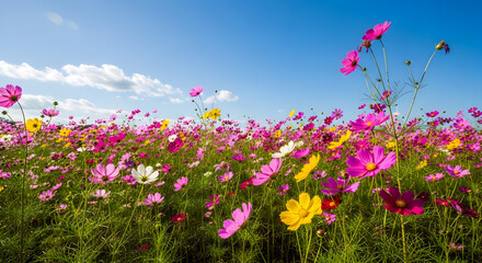 Vibrant cosmos flower field under a bright blue sky creates a sense of joy and peace
