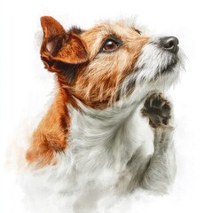 Painting of a Jack Russell Terrier, looking upward with a raised paw on a white background