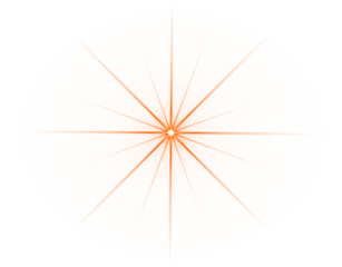 Obraz premium Orange 16-point sparkle light burst effect isolated on transparent background – Bright glowing starburst flare, Radiant orange shine, Symmetrical light rays, Soft sparkle explosion, Lens flare effect