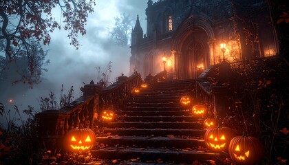 Mysterious haunted manor entrance with glowing jack-o-lanterns on stone steps under a misty night sky