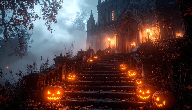 Mysterious haunted manor entrance with glowing jack-o-lanterns on stone steps under a misty night sky