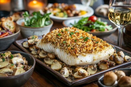 Baked Fish Fillet with Crispy Breadcrumbs and Mushrooms Served on a Rustic Platter