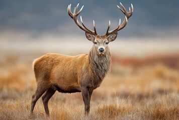 Fototapeta premium A majestic red deer stag stands in a field, its large antlers prominently displayed against a blurred background of grass and distant hills