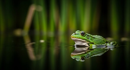 Fototapeta premium Vibrant green marsh frog floating peacefully in a tranquil pond with a clear reflection.