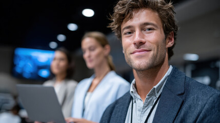 A friendly young male professional smiles warmly at the camera, representing confidence and a thriving professional atmosphere in a contemporary office environment.