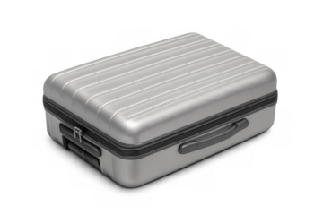 Gray suitcase closed with wheels on transparent background