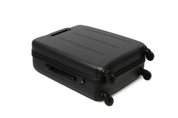 Black suitcase lying down on transparent background, ready for travel