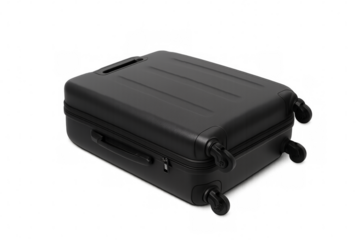 Black suitcase lying down on transparent background, ready for travel