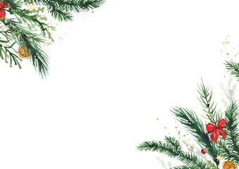 Watercolor Christmas rectangle frame. Green fir tree branches, red berry, bow, candy. Evergreen twig festive arrangement. New Year hand drawn illustration. Watercolour artistic template design.