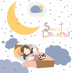 Fototapeta premium Little girl sleeping with cat. vector illustration