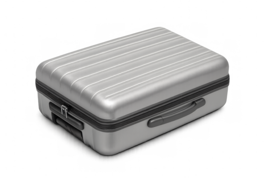 Gray suitcase closed with wheels on transparent background