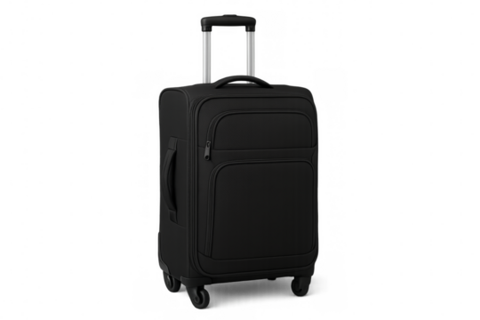 Black suitcase standing upright on transparent background