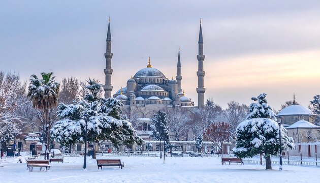 Snowy mosque in a winter landscape
