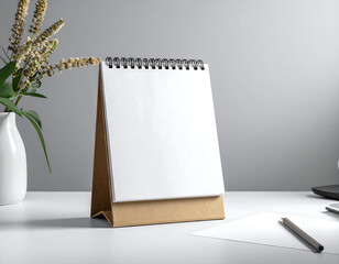 Blank desk calendar with spiral binding on table