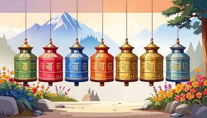 Colorful prayer wheels hanging in a serene mountain landscape