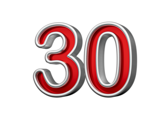 Vibrant Red Number Thirty 30 With Metallic Gleam And Beveled Edges, 3D Illustration