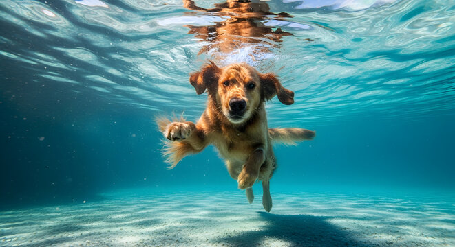 Golden retriever swims underwater in crystal clear turquoise water enjoying aquatic play