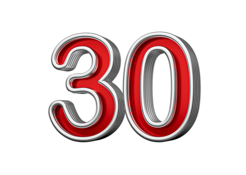 Vibrant Red Number Thirty 30 With Metallic Gleam And Beveled Edges, 3D Illustration - Powered by Adobe