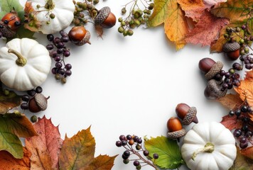 Autumnal still life of acorns, berries, vibrant leaves, and white pumpkins arranged to frame a central white space for text or image overlay