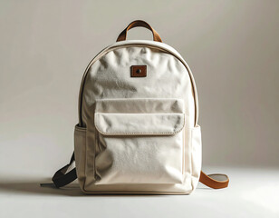 White backpack with leather strap on neutral background