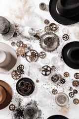 Overhead view of hats, gears, and glasses scattered on a white surface, creating a surreal and mechanical composition