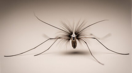 Macro of a mosquito with long legs and feathery antennae against a soft, neutral backdrop