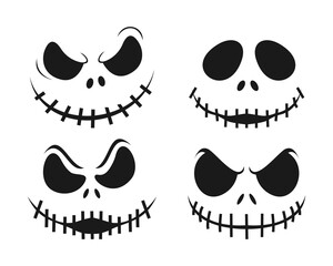 set of spooky Jack-o'-lantern faces or Halloween skulls. These creepy and fun vector illustrations are perfect for holiday invitations, t-shirt designs, and decorations.