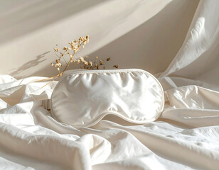 Cream satin eye mask resting on silk fabric closeup