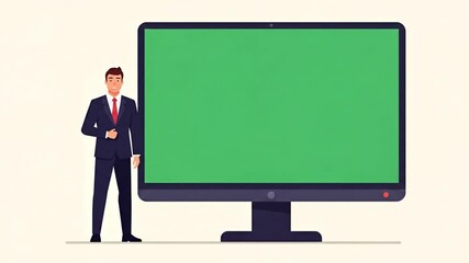 Professional businessman in a suit stands next to a large computer monitor with a blank green screen for a presentation mockup - Powered by Adobe