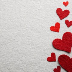 Red felt hearts scattered on a textured, off-white surface. Simple, minimalist, and visually appealing composition