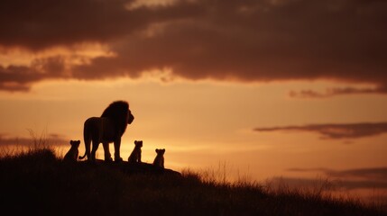 Silhouette of a lion family on a grassy hill against a dramatic orange, yellow, and brown sunset sky