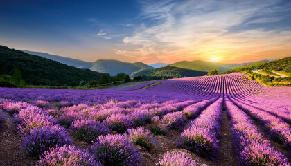 Fototapeta premium colorful lavender field landscape during sunset with gentle hills