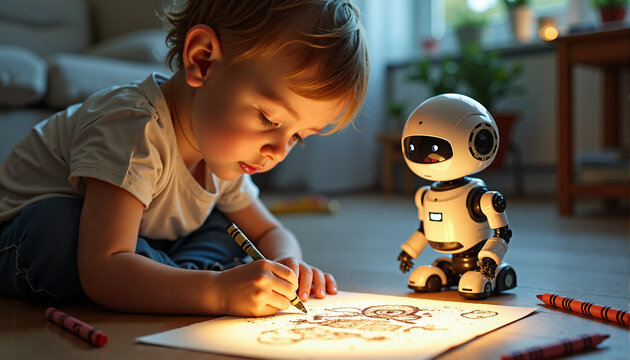 Child drawing with robot companion - Powered by Adobe