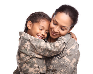 portrait of a military mother and her young daughter, both in camouflage uniforms, sharing a close and affectionate embrace isolated on a transparent background