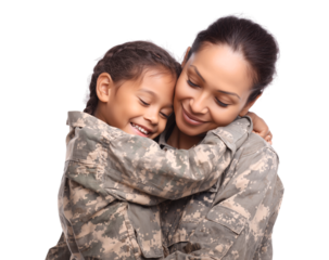 portrait of a military mother and her young daughter, both in camouflage uniforms, sharing a close and affectionate embrace isolated on a transparent background